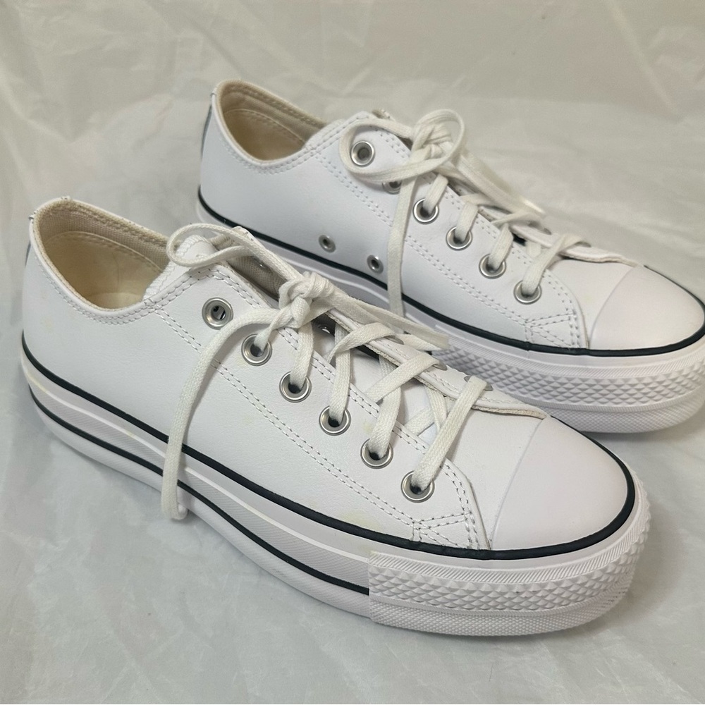 White Low-Top Lace-Up Platform Sneakers